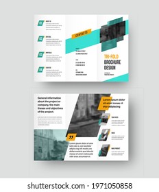 Vector trifold brochure with geometric bright design, white background with place for photo, realistic shadows. Leflet template for presentation and business concept, creative booklet for advertising