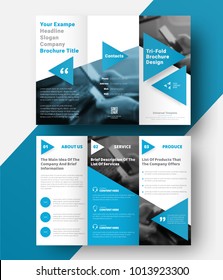 Vector tri-fold brochure with a place for photos, diagonal elements and blue triangles for headings and quotes. Design of a folding universal flyer. Modern template