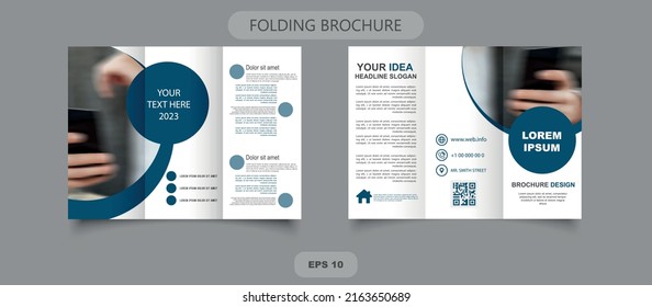 Vector trifold brochure template with place for photo, with blue circles. business company, IT corporation, presentations. For print. Vector graphics and design.