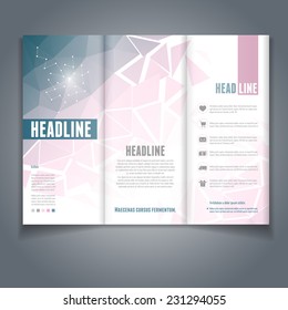 Vector tri-fold flyer or brochure template with colorful geometric triangle background. Abstract modern trendy design.