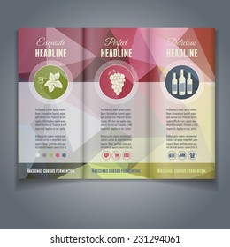 Vector tri-fold flyer or brochure template with colorful geometric triangle background. Abstract modern trendy design.