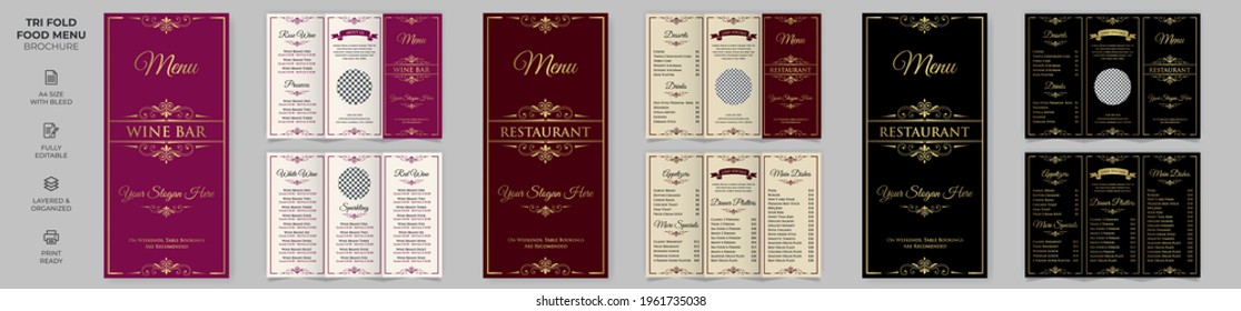Vector Tri-fold Food Menu Brochure Template, Wine Menu Brochure Template simple style and modern layout