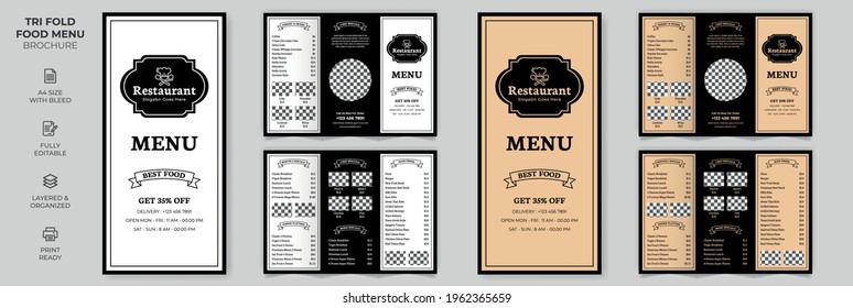 Vector Tri fold Food Menu Broschüre Vorlage, einfacher Stil und modernes Layout