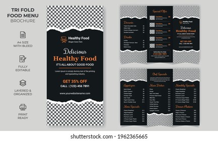 Vector Tri-fold Food Menu Brochure Template, simple style and modern layout