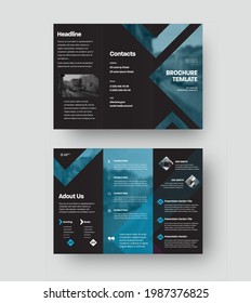 Vector trifold with presentation of company information, creative design, inserts from triangles, photos, on a black background. Brochure template with shadows,business concept,advertising booklet.Set
