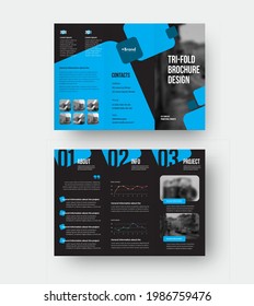 Vector trifold template with blue geometric illustration folding brochure with creative design on black background, with realistic shadows. Information booklet, presentation cover. Leflet for printing