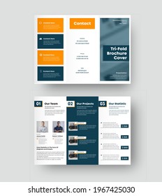 Plantilla de tríplio vectorial, portada de folletos con sombras realistas sobre fondo blanco. Folleto con elementos de diseño azul, naranja, membrete de negocios. El concepto de prospecto con estilo corporativo. Establecer