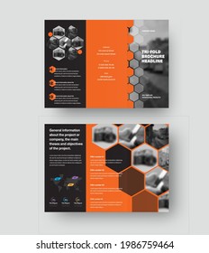 Vector trifold template presentation with hexagons, orange design elements on black background. Layout of creative brochure with title, information for business. Leflet with shadows, set front, back