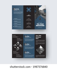 Vector Trifold Template, Triple Catalog With Geometric Design, Cross, Blue Elements On Black Background. Layout Of Letterhead For Advertising, Business Promotion. Brochure With Realistic Shadows. Set