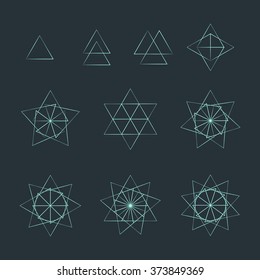 vector trigon light outline monochrome variations delta sacred geometry decoration elements collection isolated dark background  