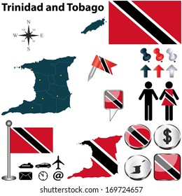 Vector of Trinidad and Tobago set with detailed country shape with region borders, flags and icons