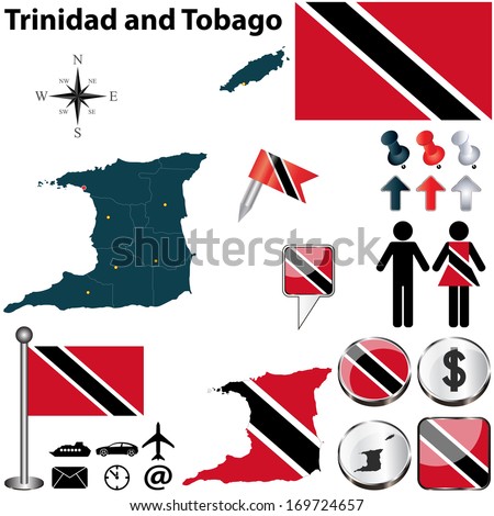Vector of Trinidad and Tobago set with detailed country shape with region borders, flags and icons