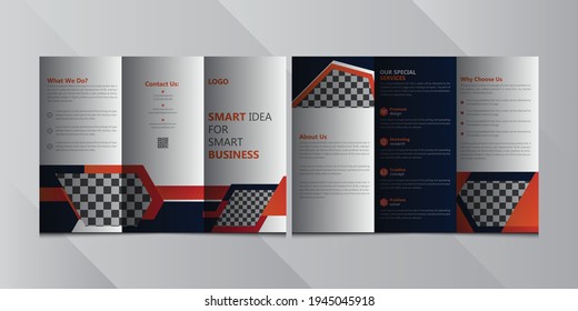 Folleto plegable triple vector para negocios y publicidad. La plantilla es blanca con un hexágono rojo y un lugar para las fotos. Diseño para impresión y publicidad.