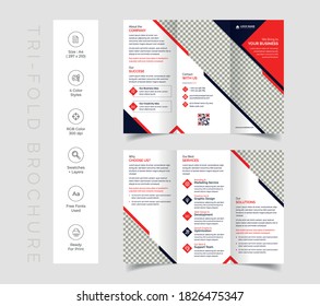 Vector triple folding corporate brochure for business and advertising. The template is white with a red  shape. Design for printing and advertising.