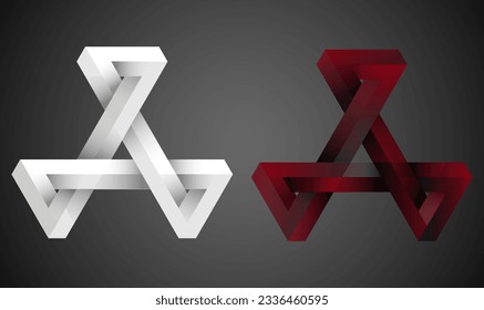 Vector triple impossible triangle - optical illusion. Impossible shapes. 3d infinite triangles, impossible objects.