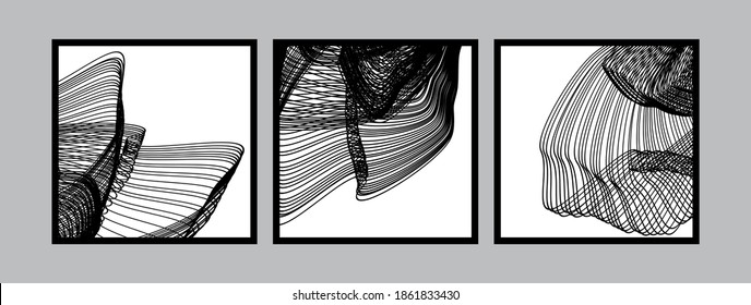 Arte contemporáneo vectorial triptch, arthouse. Resumen de líneas negras, entrelazado, agua, olas, viento. Objetos aislados. Imágenes de una habitación, oficina, apartamento, casa, folletos, portadas, negocios.