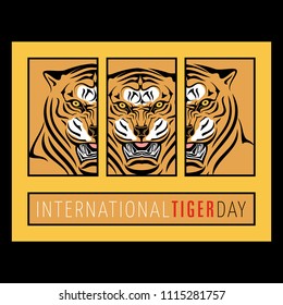 Vector triptych of a furious tiger. International tiger day. July 29. Striped predator. Bengalese tiger. Vector color illustration.