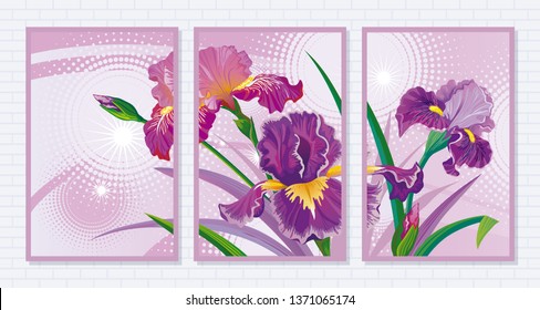 Vector triptych painting depicting flowers of irises in lilac and purple tones