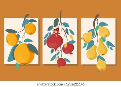 Vector triptych. Pomegranates, pears, oranges. Stylized fruits and leaves. Home decor. Yellow, green, red. Postcards, pictures, textiles. Background.