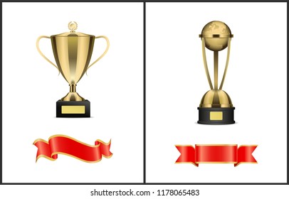 Vector triumphal cup with handles and laurels and planet statuette on stand. Contest winner golden award and stripes for inscription isolated set.
