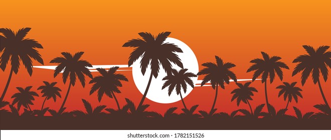 vector troial orange sunset and pal trees silhouette, summer beach illustraion