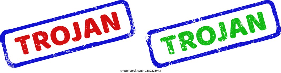 Vector TROJAN framed imprints with unclean surface. Rough bicolor rectangle seal stamps. Red, blue, green colors used. Flat textured seal stamps with TROJAN caption inside rough rectangle frame.