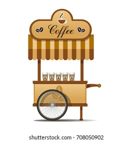 Vector trolley with striped vintage tent for selling hot coffee and dessert