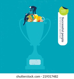 Vector trophy with bulbs and men. Vector illustration Eps10 file. Global colors. Text and Texture in separate layers.