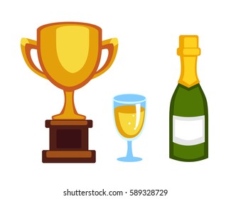 Vector trophy champion cup and champagne bottle flat icon. Winner trophy award and victory prize. Sport success and best win golden leadership award competition illustration.