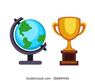 Vector trophy champion cup and earth globe flat icon. Winner trophy award and victory prize. Sport success and best win golden leadership award competition.