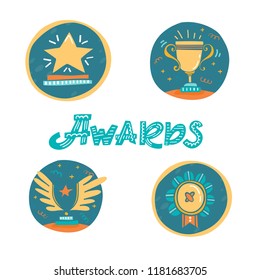 Vector Trophy, Medal, Cup. Awards Icons In Circle Set Isolated On Background. Handdrawn  Style.