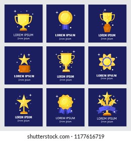 Vector trophy, medals, cups and awards icons set isolated on  background and text. Flat style.