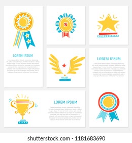 Vector Trophy, Medals, Cups And Awards Icons Set Isolated On  Background And Text. Handdrawn Doodle Style.