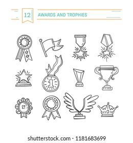 Vector Trophy, Medals, Cups And Awards Icons Set Isolated On Background. Handdrawn Outline Style.