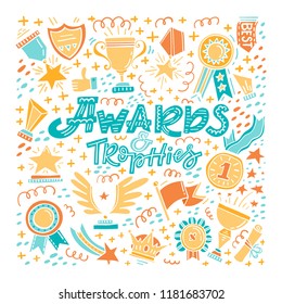 Vector trophy, medals, cups and awards icons set isolated on background. Handdrawn  style.