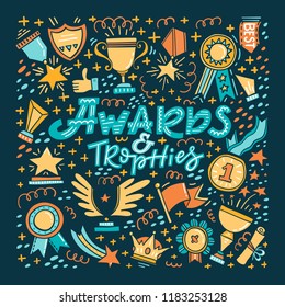 Vector trophy, medals, cups and awards icons set isolated on background. Handdrawn  style.