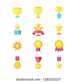 Vector Trophy, Medals, Cups And Awards Icons Set Isolated On Background. Handdrawn  Style.