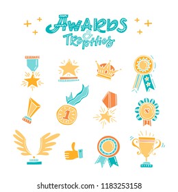 Vector Trophy, Medals, Cups And Awards Icons Set Isolated On Background. Handdrawn  Style.