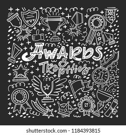 Vector trophy, medals, cups and awards icons set isolated on background. Handdrawn outline  style.