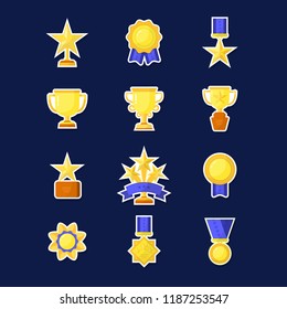 Vector Trophy, Medals, Cups And Awards Icons Set Isolated On Background. Handdrawn  Style.