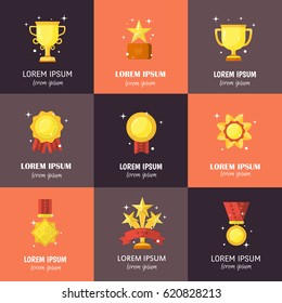 Vector Trophy, Medals, Cups And Awards Icons Set Isolated On Dark Background. Flat Style.