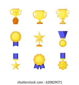 Vector trophy, medals, cups and awards icons set isolated on white background. Flat style.