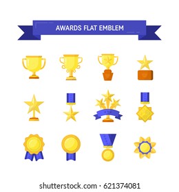 Vector trophy, medals, cups and awards icons set isolated on white background. Flat style.