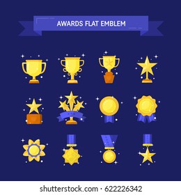 Vector trophy, medals, cups and awards icons set isolated on dark background. Flat style.