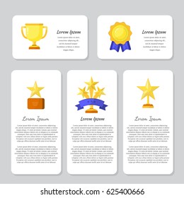 Vector trophy, medals, cups and awards  isolated on cards with text. Flat style.