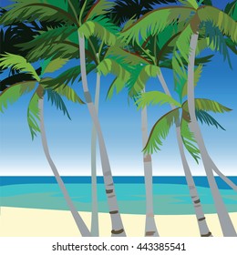 Vector Tropic Beach with Palm trees. Vector summer background card
