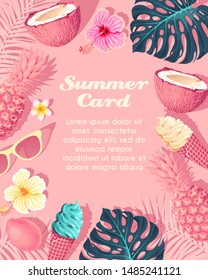 Vector tropic card with icecream and fruits
