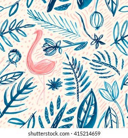 Vector tropic forest seamless pattern with palm leaves, flowers and flamingo. Hand drawn ink background.