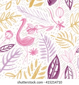 Vector tropic forest seamless pattern with palm leaves, flowers and flamingo. Hand drawn ink background.