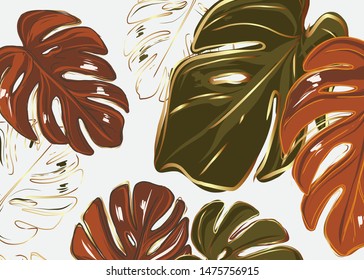 Vector tropic monstera palm leaves herbs with gold foil. Botanical decorative template hand-drawn style. Backdrop with foliage of jungle plants. Trendy illustration